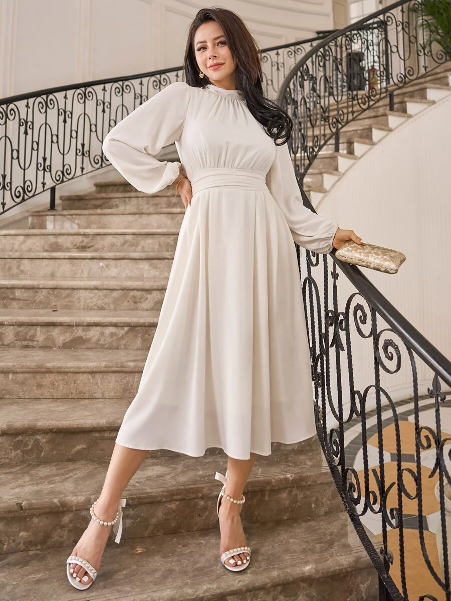 DAZY Mock Neck Lantern Sleeve Ruched Waist Dress Sundress,Fall Clothes - White - View 1