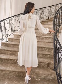 DAZY Mock Neck Lantern Sleeve Ruched Waist Dress Sundress,Fall Clothes - White - View 2