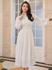 DAZY Mock Neck Lantern Sleeve Ruched Waist Dress Sundress,Fall Clothes - White - View 4