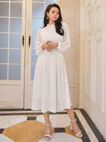 DAZY Mock Neck Lantern Sleeve Ruched Waist Dress Sundress,Fall Clothes - White - View 5