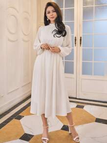 DAZY Mock Neck Lantern Sleeve Ruched Waist Dress Sundress,Fall Clothes - White - View 6