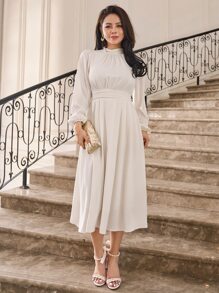DAZY Mock Neck Lantern Sleeve Ruched Waist Dress Sundress,Fall Clothes - White - View 7