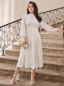 DAZY Mock Neck Lantern Sleeve Ruched Waist Dress Sundress,Fall Clothes - White - View 8