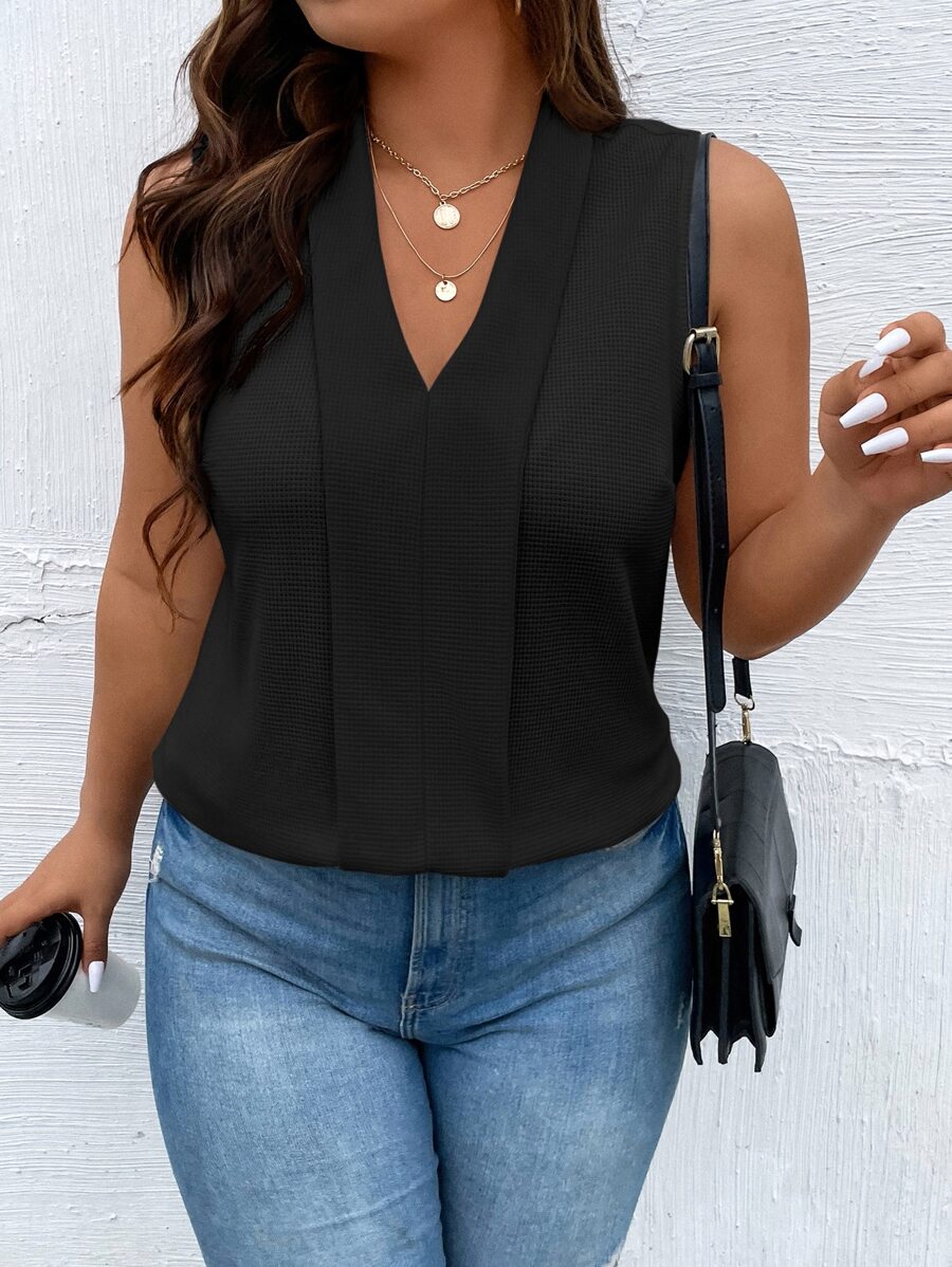 SHEIN Clasi 大碼素色V領背心上衣 - 黑色 - 查看 1