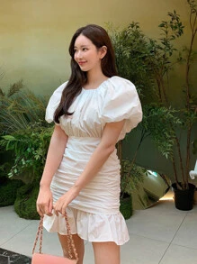 DAZY Solid Ruched Ruffle Hem Dress Prom Dress,Mini Dress