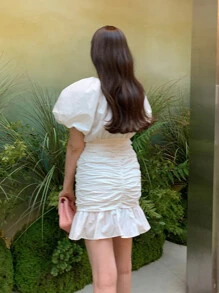 DAZY Solid Ruched Ruffle Hem Dress Prom Dress,Mini Dress