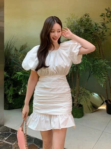 DAZY Solid Ruched Ruffle Hem Dress Prom Dress,Mini Dress