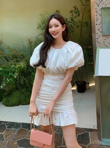 DAZY Solid Ruched Ruffle Hem Dress Prom Dress,Mini Dress