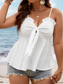 SHEIN Clasi 大碼褶邊前打結荷葉擺吊帶上衣 - 白色 - 查看 4