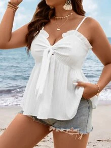 SHEIN Clasi 大碼褶邊前打結荷葉擺吊帶上衣 - 白色 - 查看 5