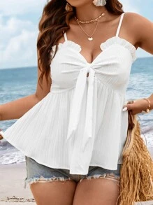 SHEIN Clasi 大碼褶邊前打結荷葉擺吊帶上衣 - 白色 - 查看 8