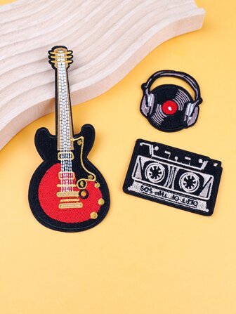 3pcs Cartoon Guitar & CD Shaped Iron-on Patch, Embroidery Patch For DIY