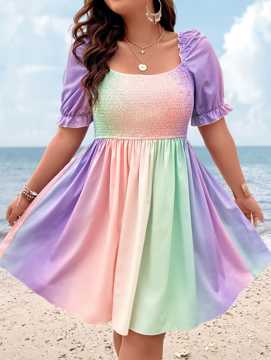 SHEIN Clasi Plus Ombre Puff Sleeve Dress - Multicolor - View 1
