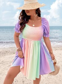 SHEIN Clasi Plus Ombre Puff Sleeve Dress - Multicolor - View 4