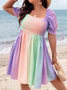 SHEIN Clasi Plus Ombre Puff Sleeve Dress - Multicolor - View 5