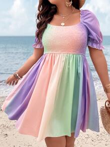 SHEIN Clasi Plus Ombre Puff Sleeve Dress - Multicolor - View 6