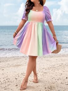 SHEIN Clasi Plus Ombre Puff Sleeve Dress - Multicolor - View 7