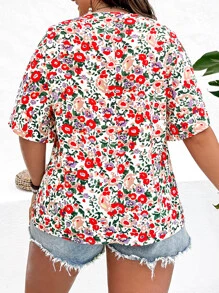 SHEIN Holidaya Plus Allover Floral Print Batwing Sleeve Blouse - Multicolor - View 2