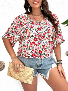 SHEIN Holidaya Plus Allover Floral Print Batwing Sleeve Blouse - Multicolor - View 6