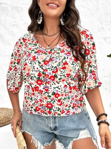SHEIN Holidaya Plus Allover Floral Print Batwing Sleeve Blouse - Multicolor - View 5