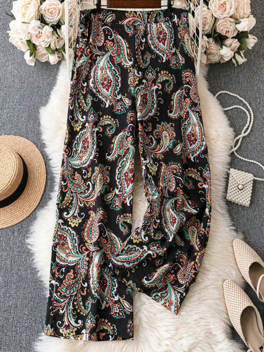 SHEIN LUNE Plus Paisley Print Wide Leg Trousers - Black - View 1