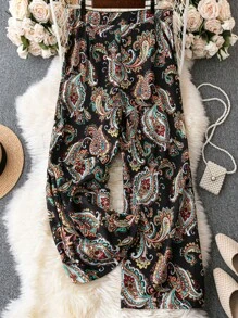 SHEIN LUNE Plus Paisley Print Wide Leg Trousers - Black - View 2