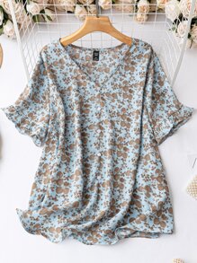 SHEIN LUNE Plus Ditsy Floral Print Flounce Sleeve Blouse - Multicolor - View 1