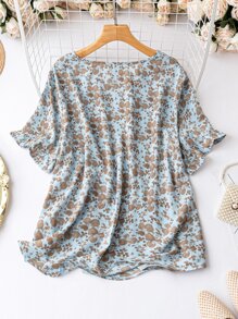 SHEIN LUNE Plus Ditsy Floral Print Flounce Sleeve Blouse - Multicolor - View 2