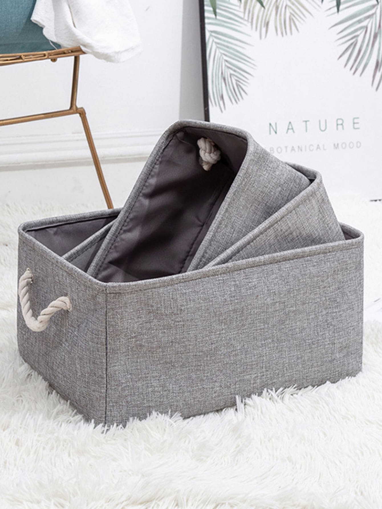 1/2/3pcs Collapsible Gray Laundry Basket, Large Capacity Desktop Storage Basket With Handle, Linen Fabric Foldable Storage Bin' - Grey - View 1