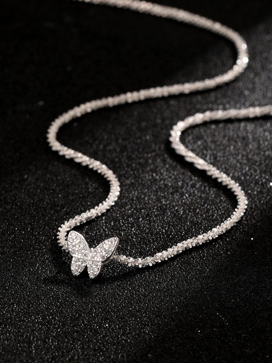 Vòng cổ bạc trang trí hình bướm bằng đá Cubic Zirconia - trắng - Xem 1