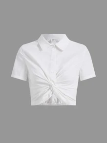 青少年女孩前扭結短款襯衫 - 白色 - 查看 1