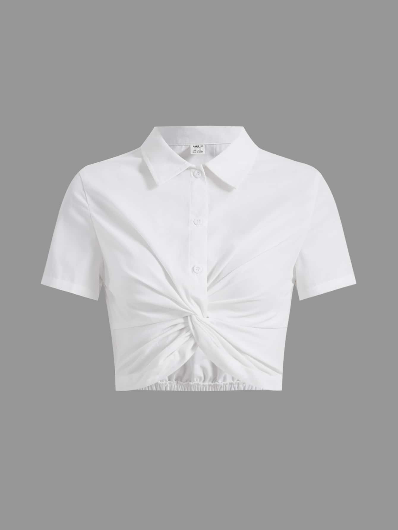 青少年女孩前扭結短款襯衫 - 白色 - 查看 1