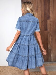 SHEIN Frenchy Flap Pocket Ruffle Hem Denim Dress Casual - Medium Wash - View 2