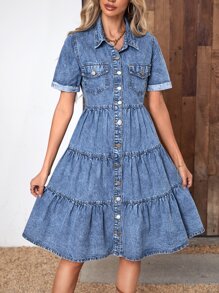 SHEIN Frenchy Flap Pocket Ruffle Hem Denim Dress Casual - Medium Wash - View 3