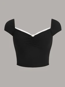 SHEIN ICON Camiseta con encaje en contraste pecho con fruncido - Negro - Ver 1