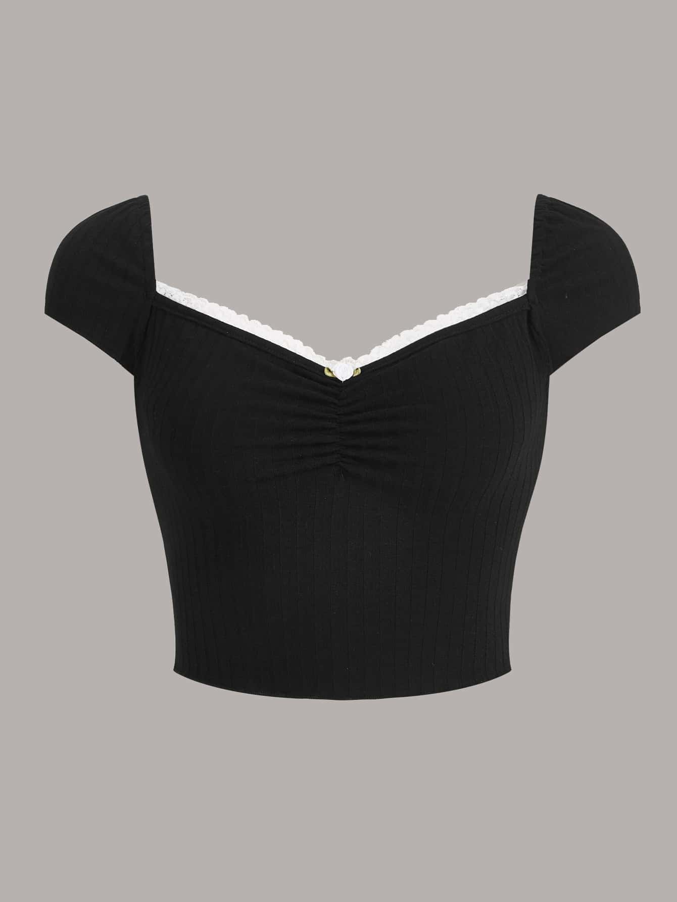 SHEIN ICON Camiseta con encaje en contraste pecho con fruncido - Negro - Ver 1
