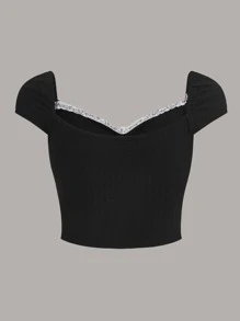SHEIN ICON Camiseta con encaje en contraste pecho con fruncido - Negro - Ver 2