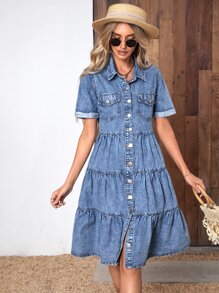 SHEIN Frenchy Flap Pocket Ruffle Hem Denim Dress Casual - Medium Wash - View 4