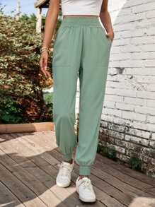 SHEIN LUNE Solid Slant Pocket Pants - Mint Green - View 1