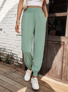 SHEIN LUNE Solid Slant Pocket Pants - Mint Green - View 4