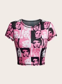 SHEIN ICON 人像圖案短款T恤 - 彩色 - 查看 1