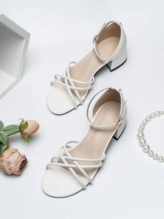 女士交叉高跟粗跟優雅踝帶平底涼鞋適用於戶外