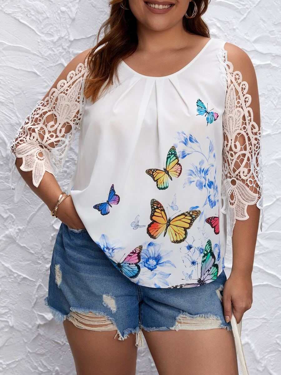 EMERY ROSE 大碼蝴蝶圖案蕾絲拼接挖肩襯衫 - 白色 - 查看 1