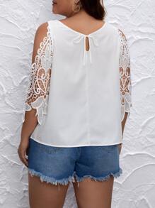 EMERY ROSE 大碼蝴蝶圖案蕾絲拼接挖肩襯衫 - 白色 - 查看 2