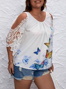 EMERY ROSE 大碼蝴蝶圖案蕾絲拼接挖肩襯衫 - 白色 - 查看 5