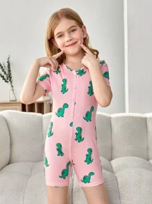 SHEIN Tween Girls' Snug Fit Casual V-Neck Cartoon Dinosaur Print Pajamas For Everyday - Multicolor - View 3