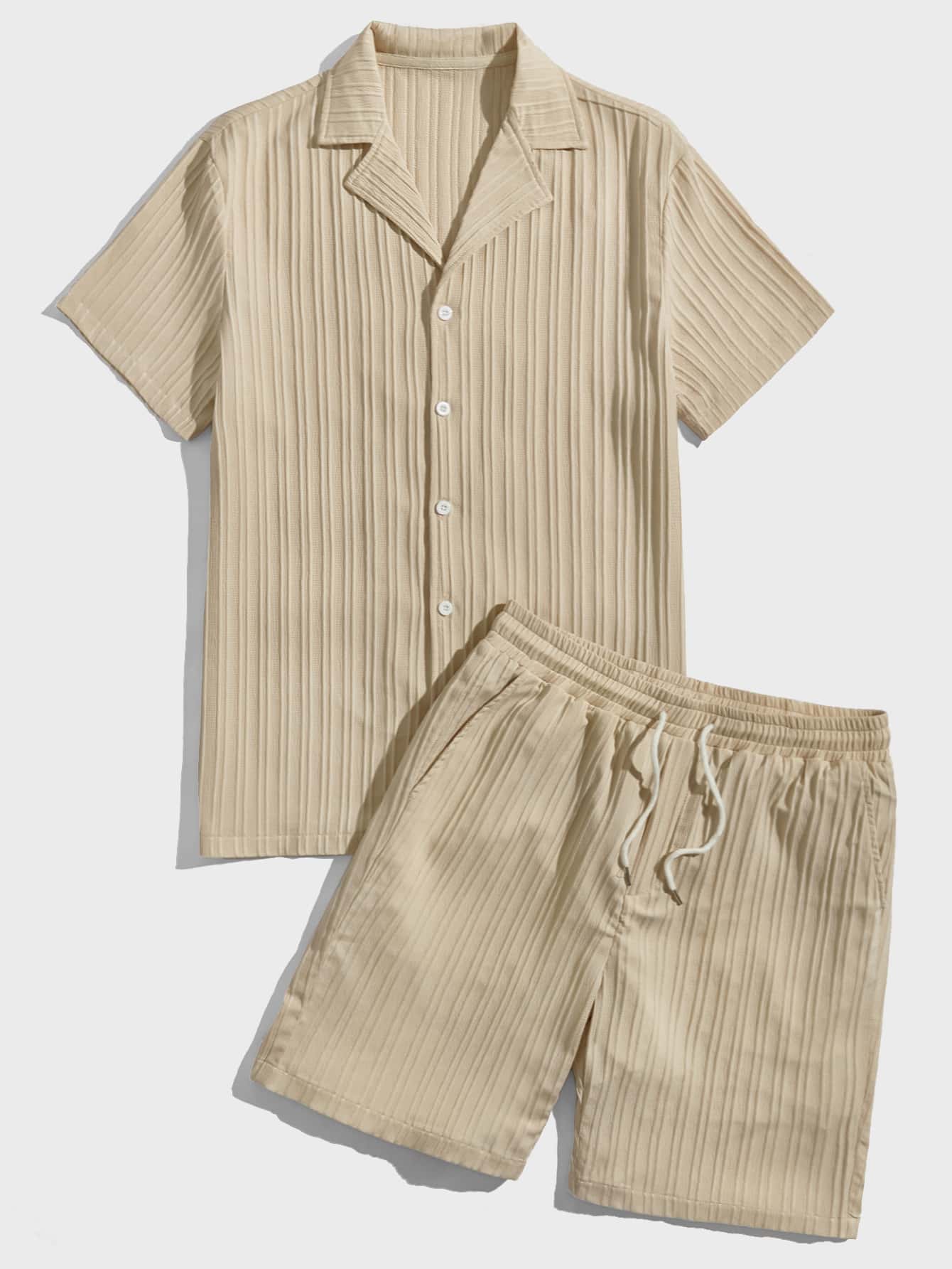 Manfinity RelaxMax 男士西裝領襯衫和腰部抽繩短褲 - 杏色 - 查看 1