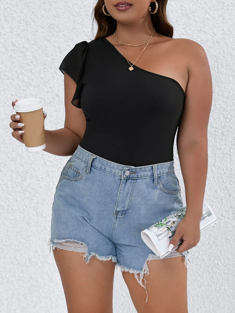 SHEIN LUNE Plus One Shoulder Ruffle Trim Bodysuit - Black - View 1