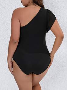 SHEIN LUNE Plus One Shoulder Ruffle Trim Bodysuit - Black - View 2