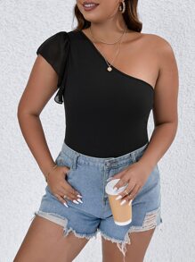 SHEIN LUNE Plus One Shoulder Ruffle Trim Bodysuit - Black - View 3